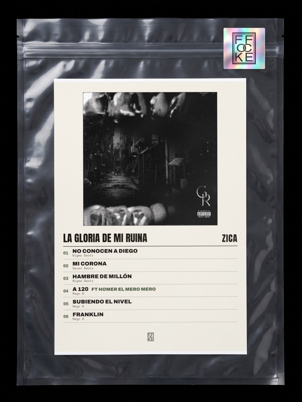 Póster de La Gloria De Mi Ruina de Zica en una bolsa sellada con sticker FFOCKE